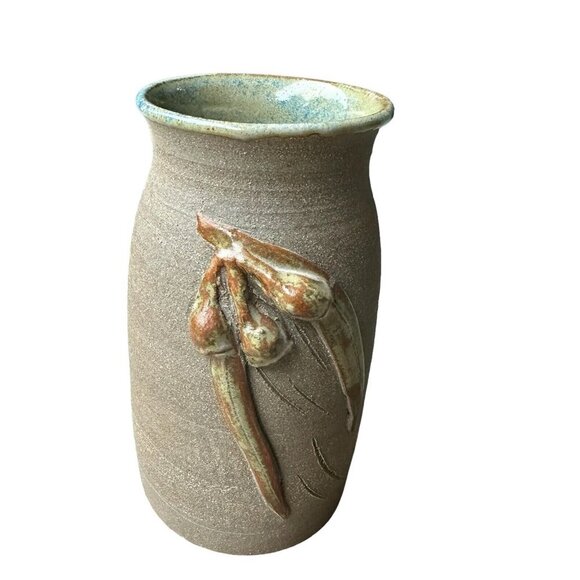 VTG Vase 4.75" Stoneware Pottery Seed Pod Leaves Motif Multicolor Texture Signed - Picture 6 of 11